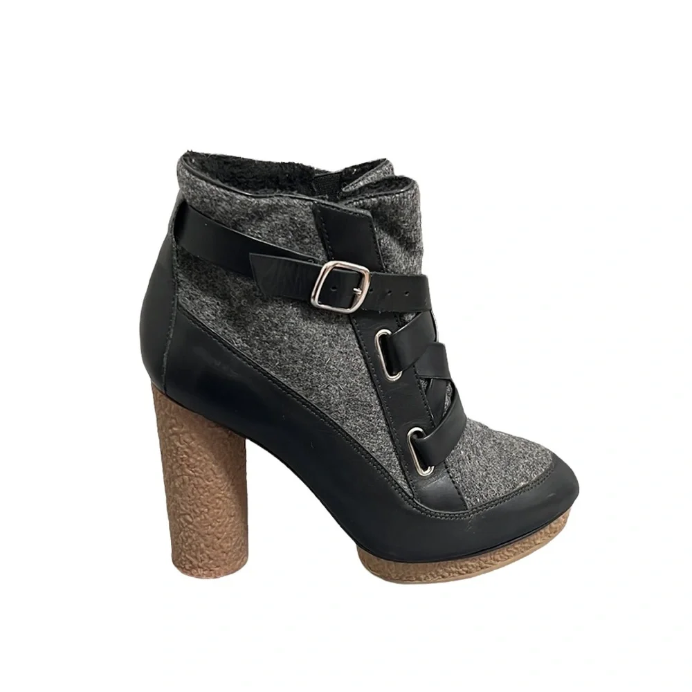 Loeffler Randall Serena Black Leather & Gray Flannel Platform Boots Size 8